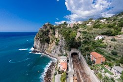 The view of the station and stairway by drone, Corniglia, Italy